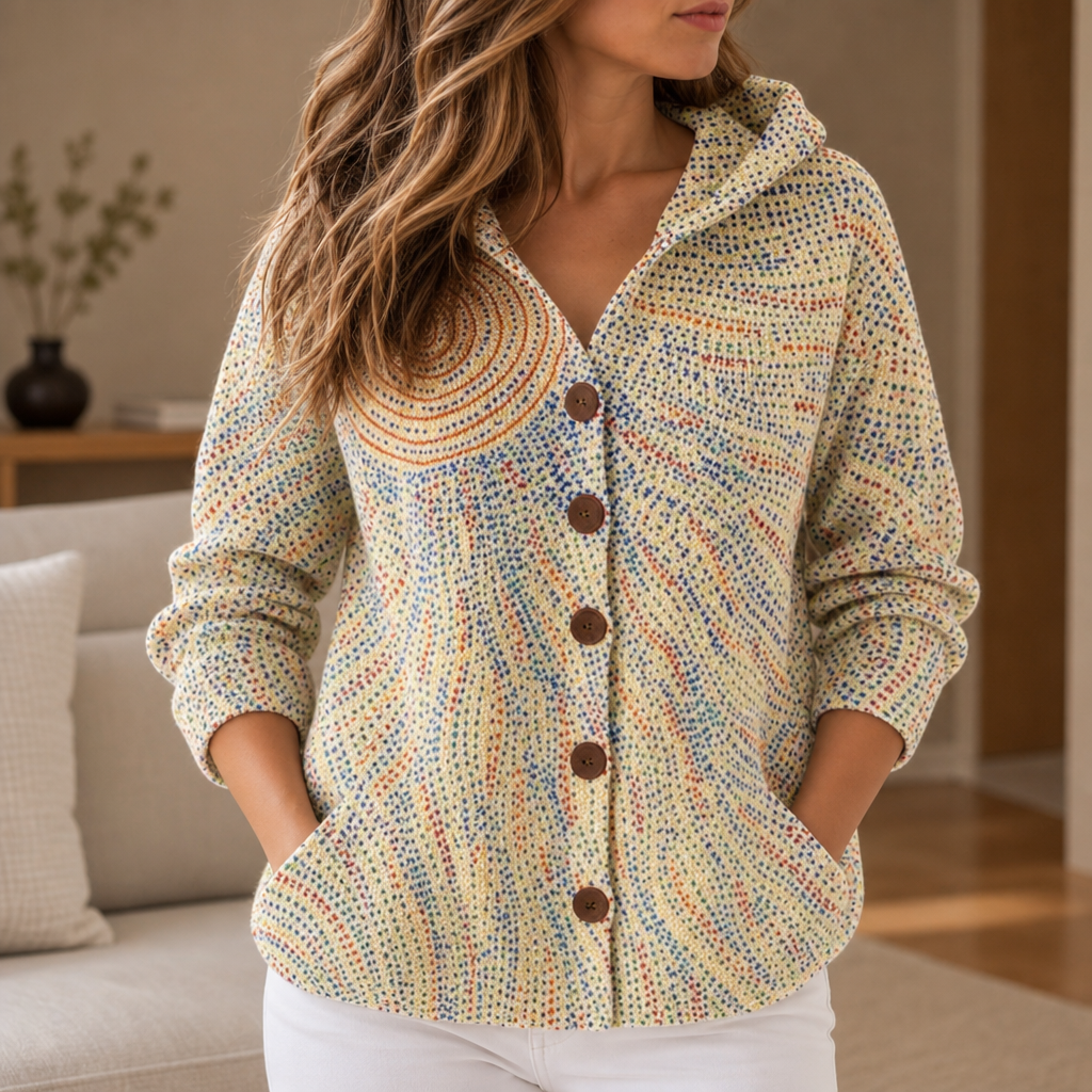 Birgu Abstract Print Hooded Cardigan in Light Yellow