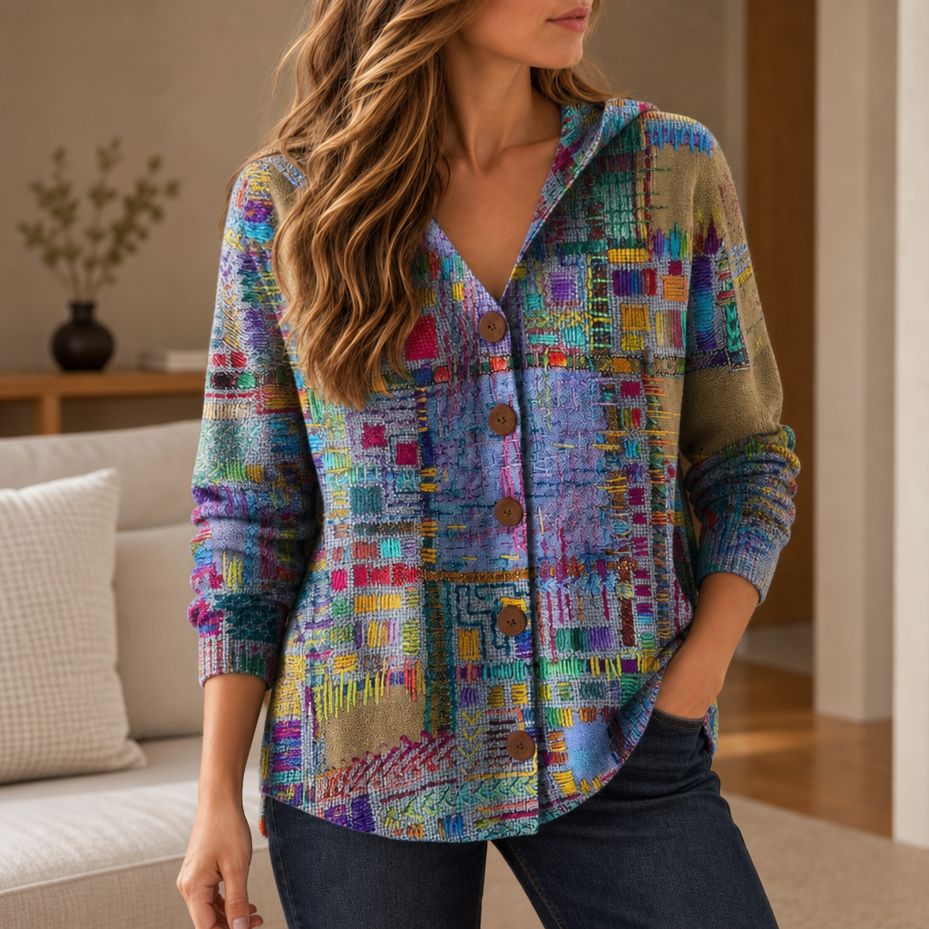 Birgu Abstract Print Hooded Cardigan in Purple