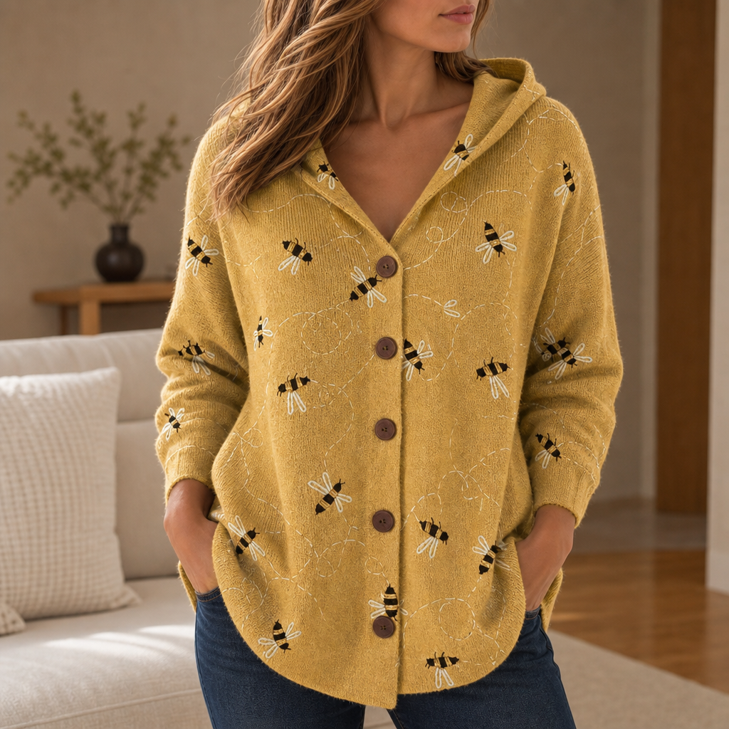 Birgu Abstract Print Hooded Cardigan in Yellow