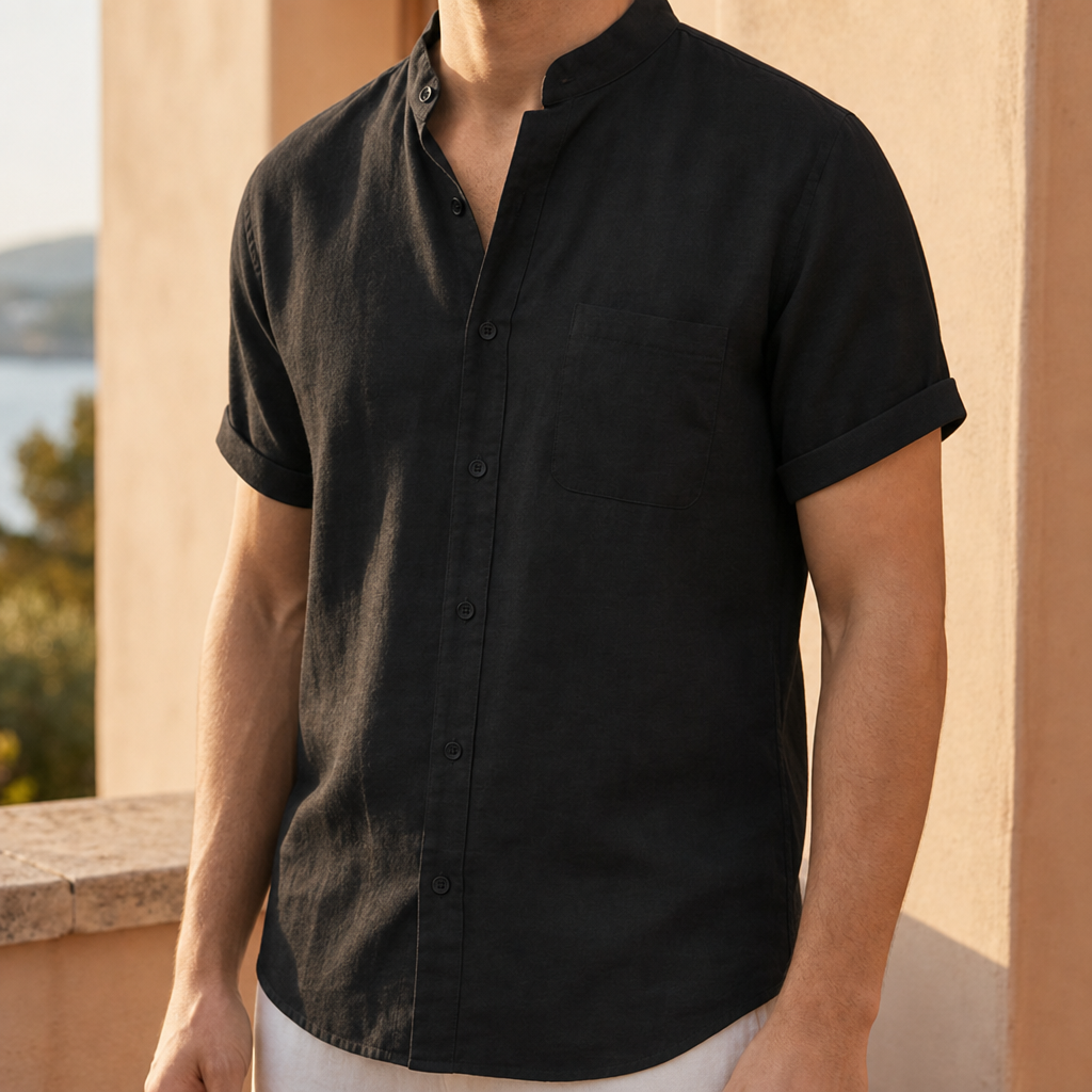 Bonifacio Collarless Linen Shirt in Classic Black