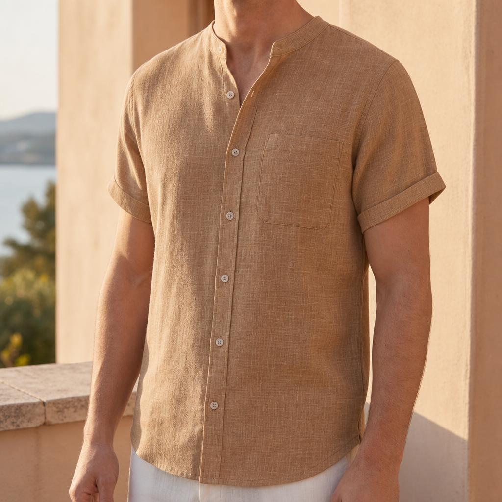 Bonifacio Collarless Linen Shirt in Pine Brown