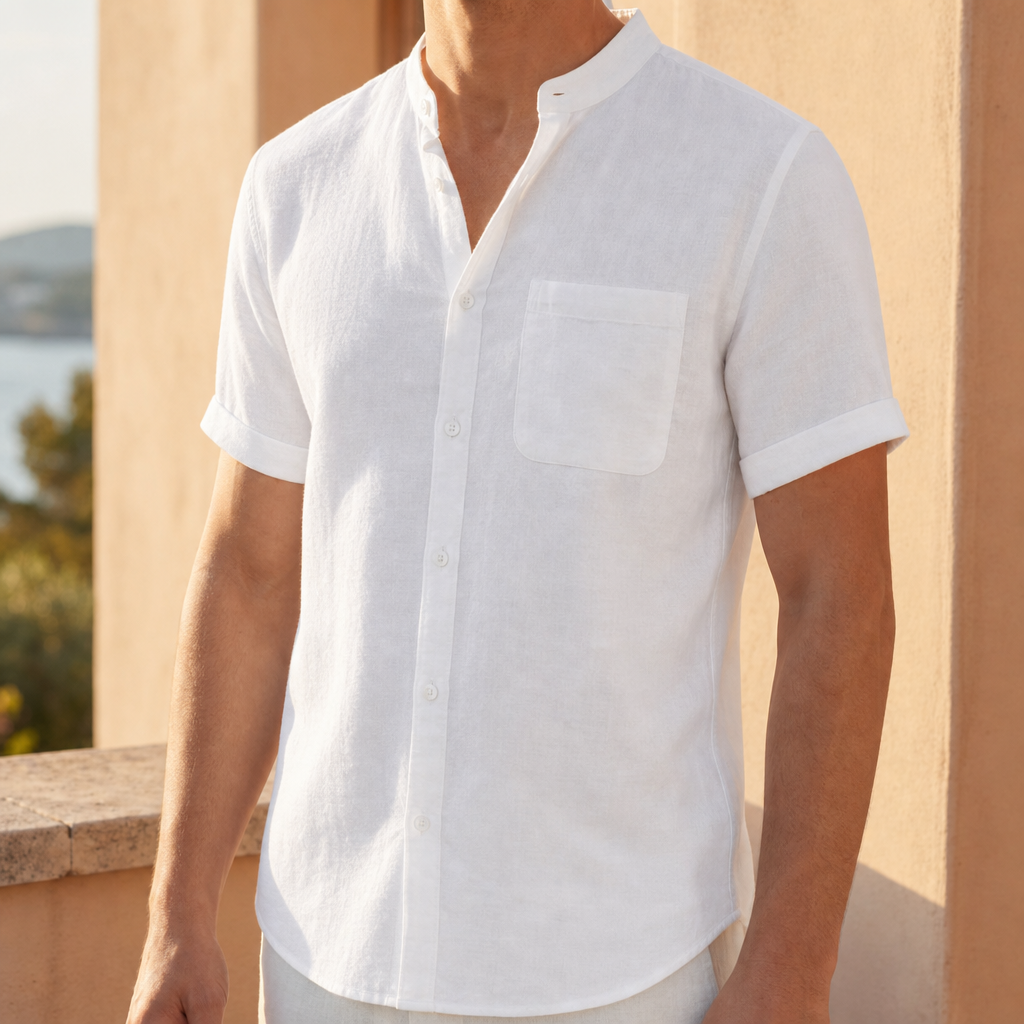 Bonifacio Collarless Linen Shirt in White