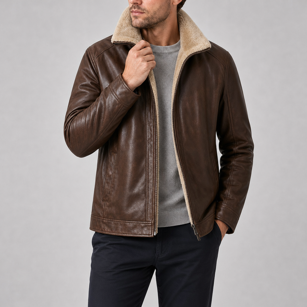 Caceres Shearling Lined Leather Jacket in Brown
