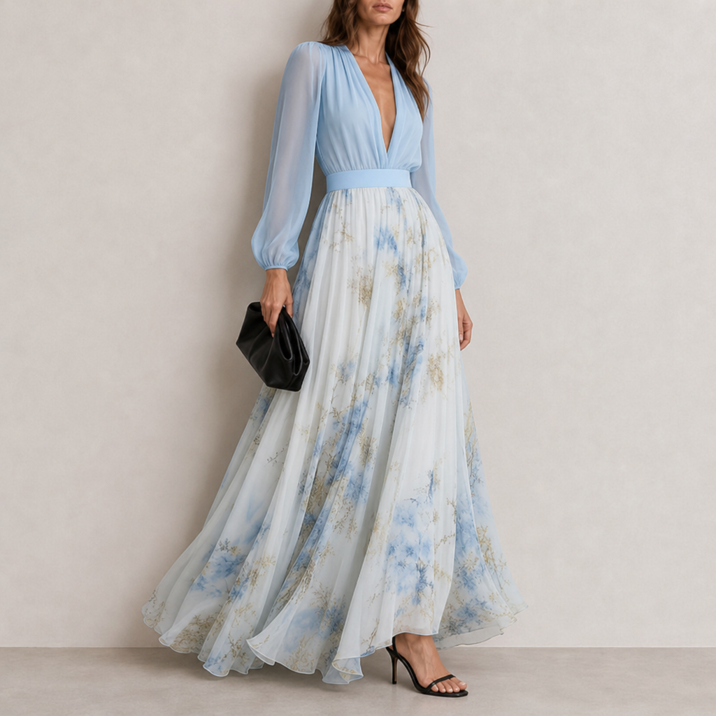 Cadaques Floral Chiffon Maxi Dress in Light Blue