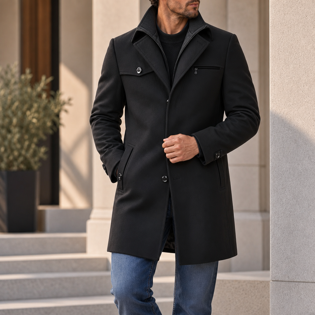Cadaques Wool-Blend Notched Coat in Raven Black