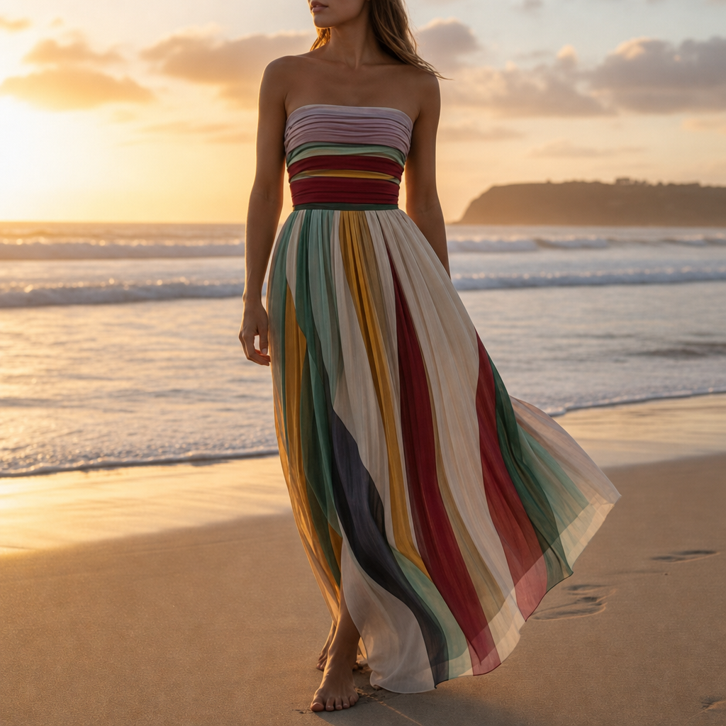 Cadiz Pleated Striped Maxi Dress in Premium