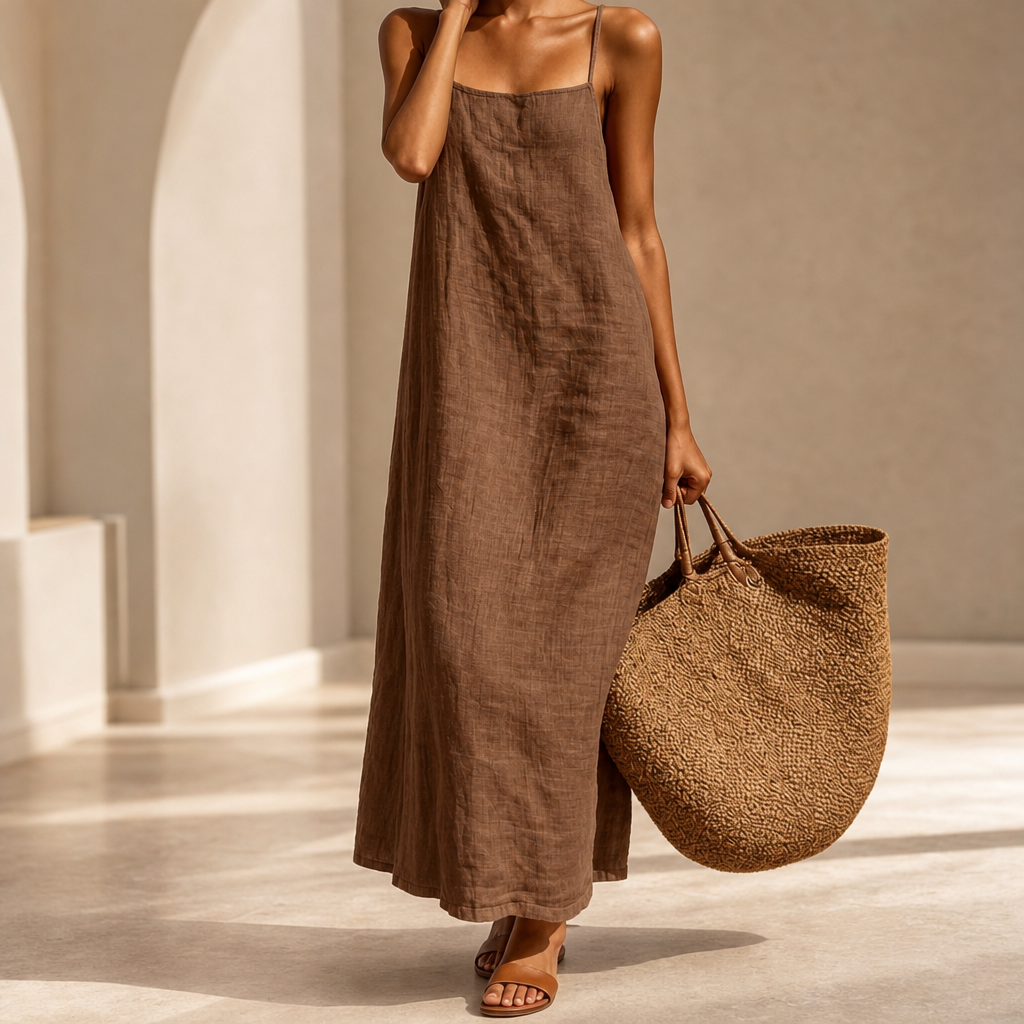 Calvi Linen Cotton Maxi Dress in Brown