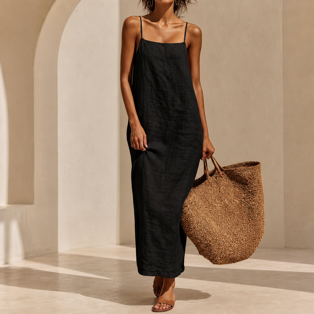 Calvi Linen Cotton Maxi Dress in Black