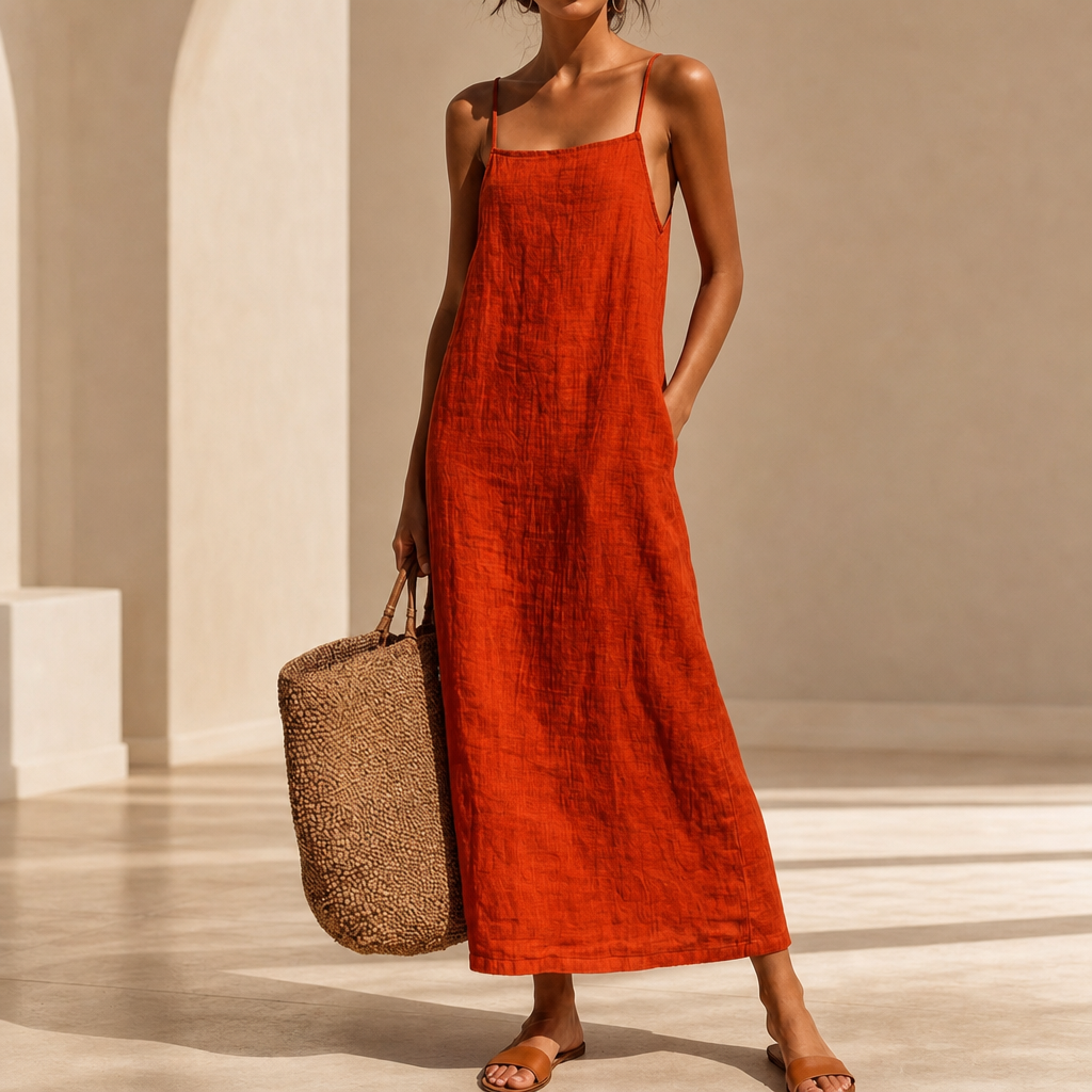 Calvi Linen Cotton Maxi Dress in Red