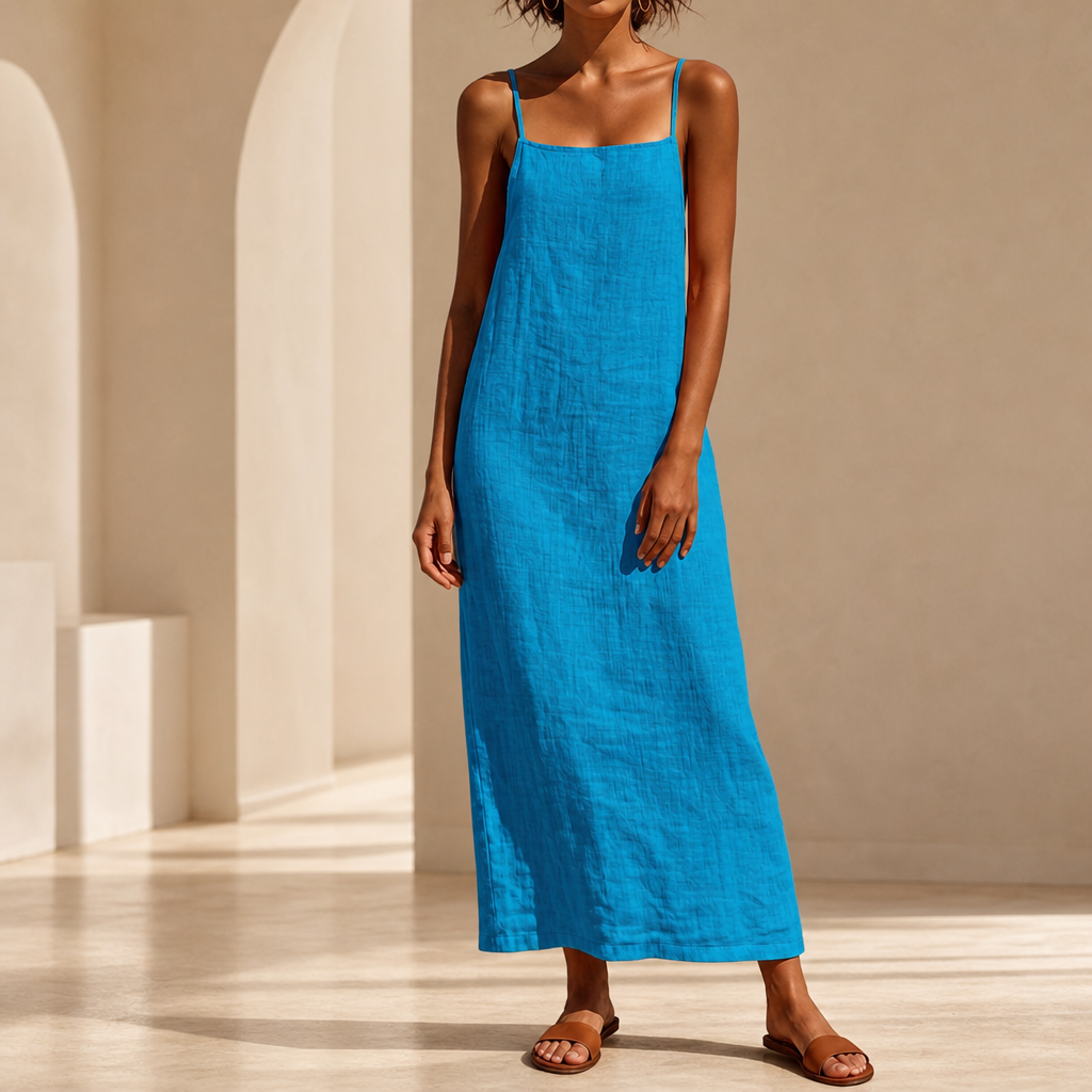 Calvi Linen Cotton Maxi Dress in Blue