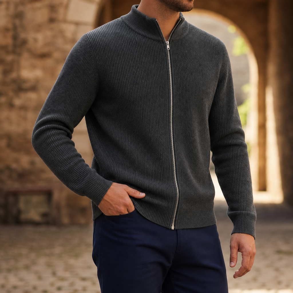 Ceret Ribbed Full-Zip Cardigan in Grey