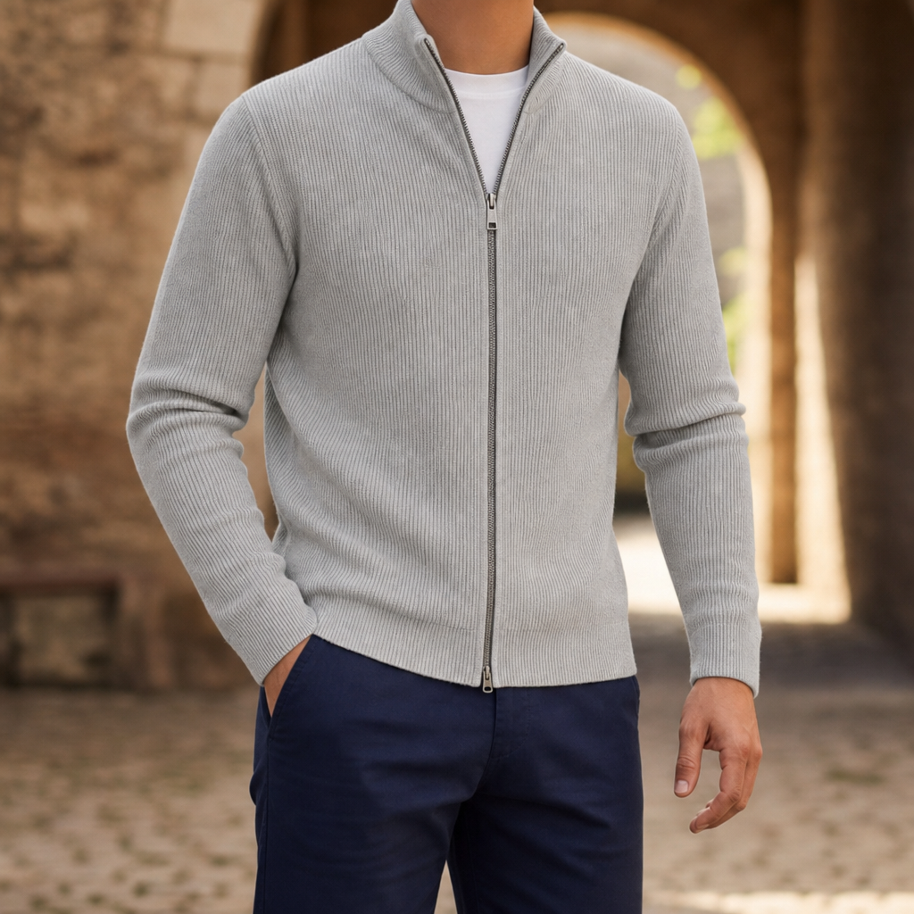 Ceret Ribbed Full-Zip Cardigan in Light Grey