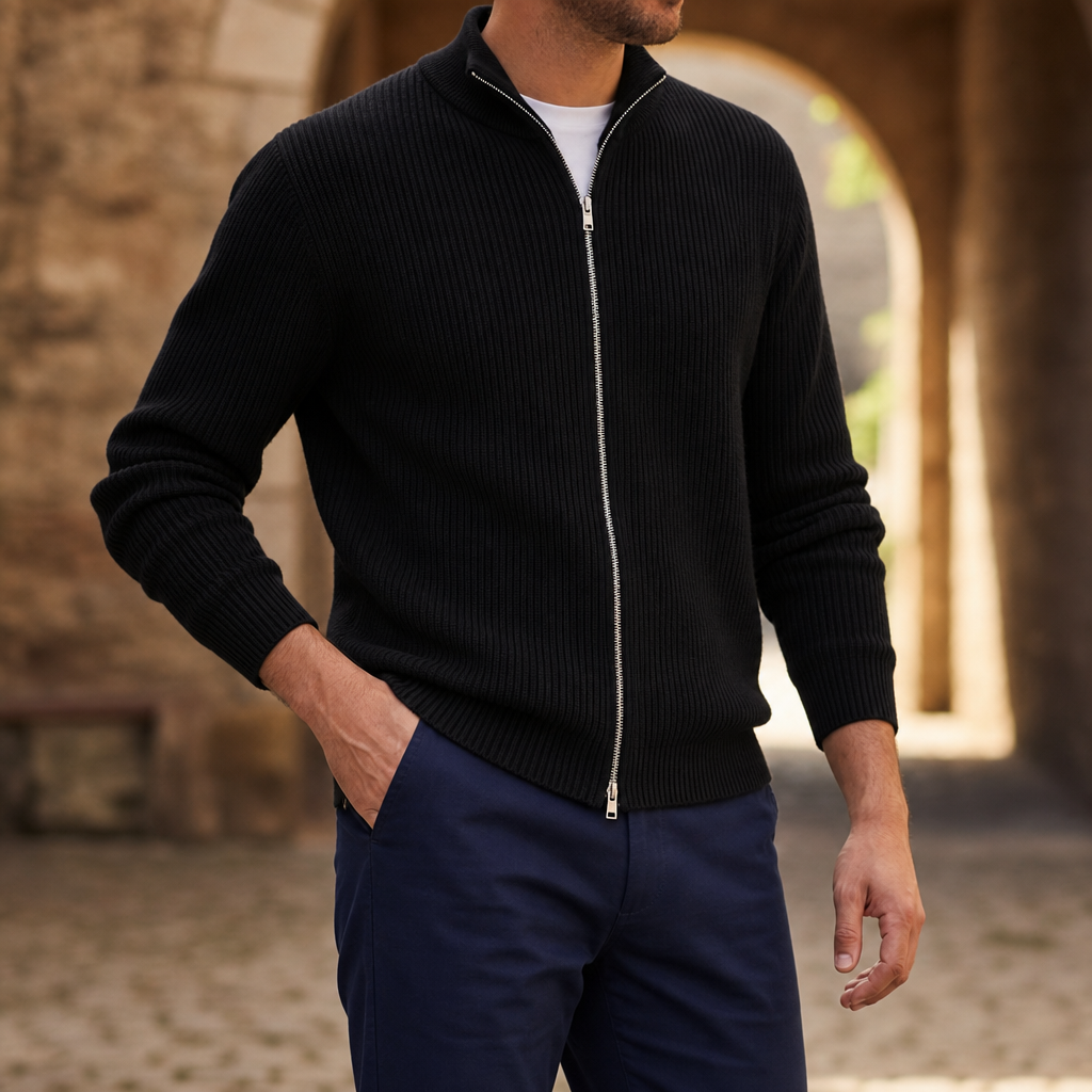 Ceret Ribbed Full-Zip Cardigan in Black