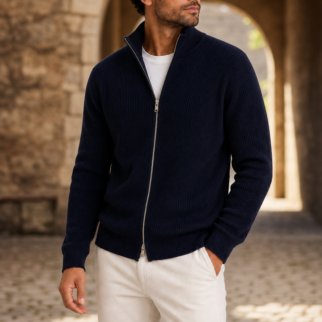 Ceret Ribbed Full-Zip Cardigan in Navy