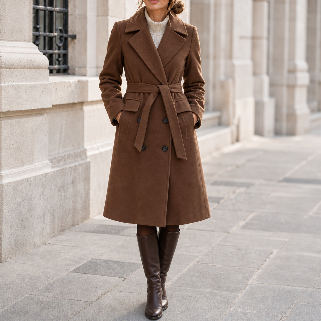 Chania Classic Long Trench Coat in Brown