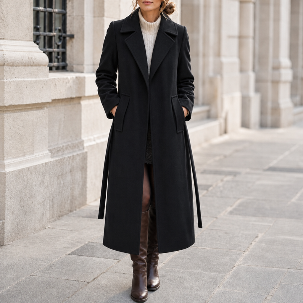 Chania Classic Long Trench Coat in Black