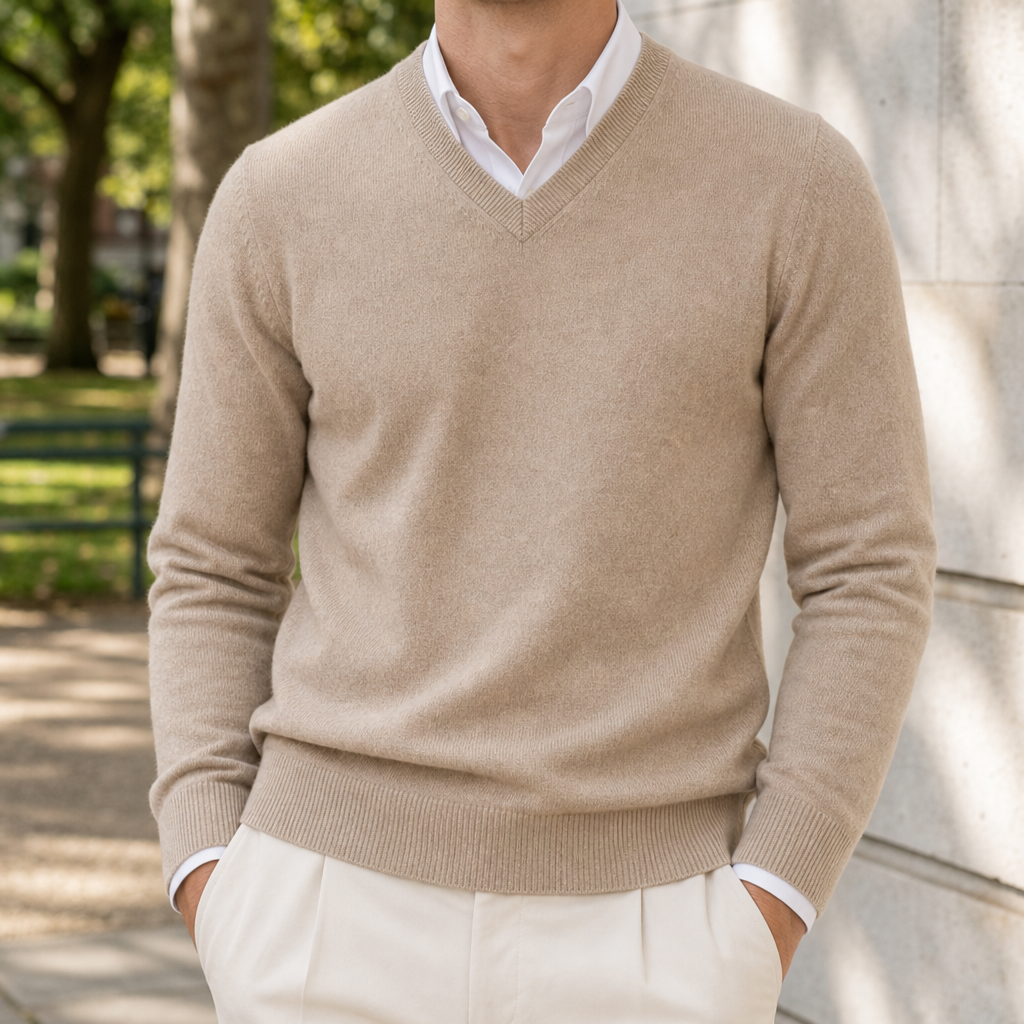 Comillas V-Neck Cashmere Sweater in Beige