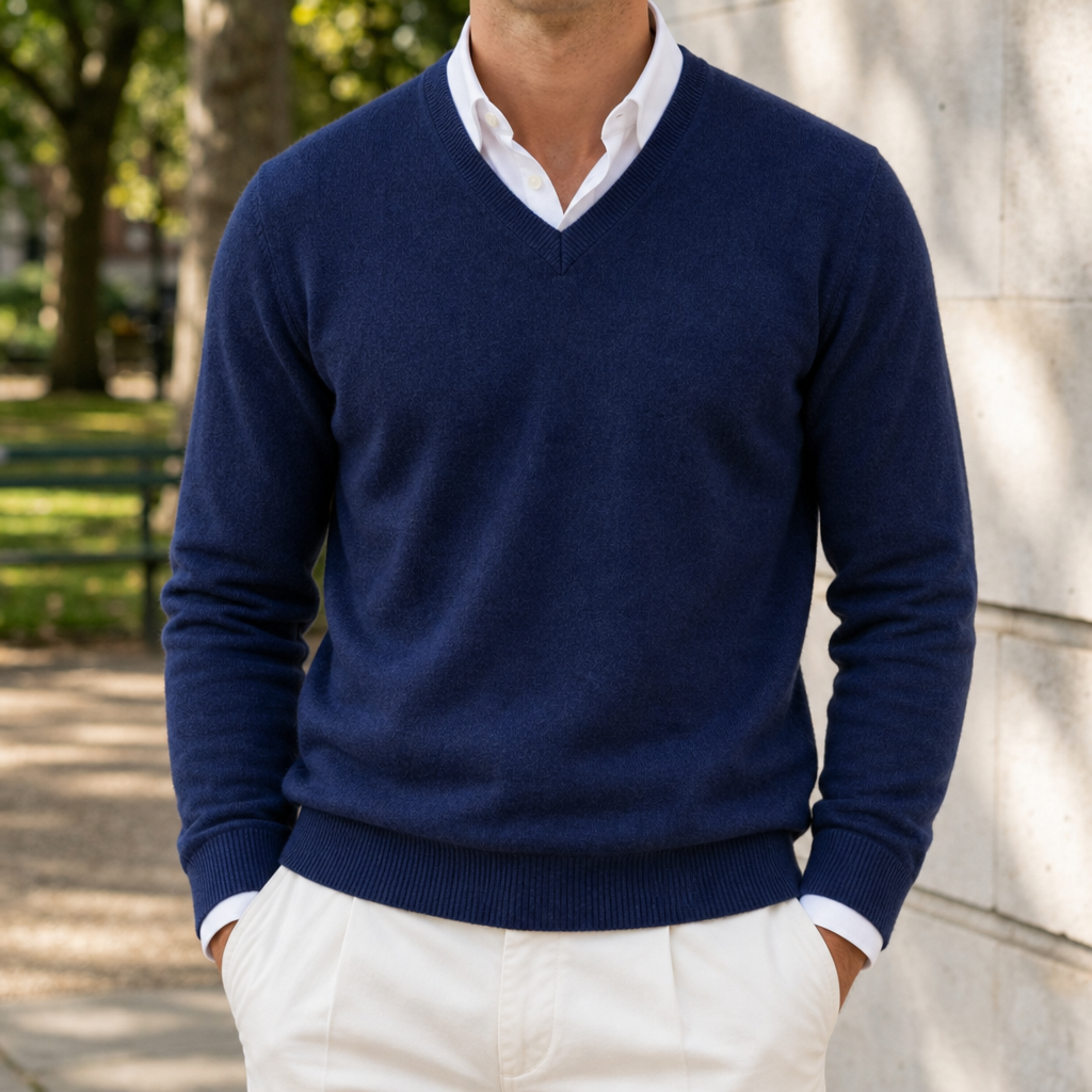 Comillas V-Neck Cashmere Sweater in Navy Blue