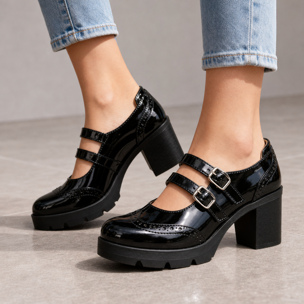Comino Orthopedic Double Strap Platform Heels in Black