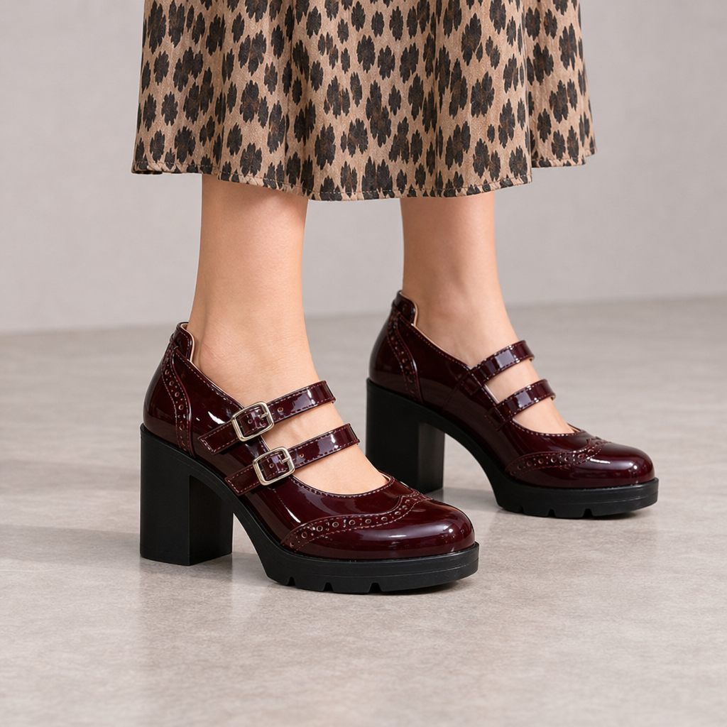 Comino Orthopedic Double Strap Platform Heels in Burgundy