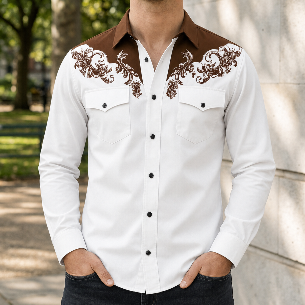 Comino Western Embroidered Shirt in Brown