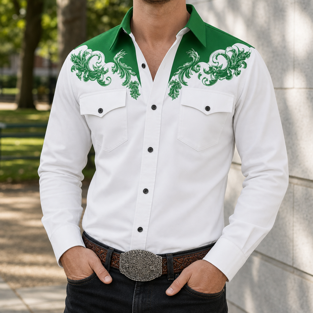 Comino Western Embroidered Shirt in Green