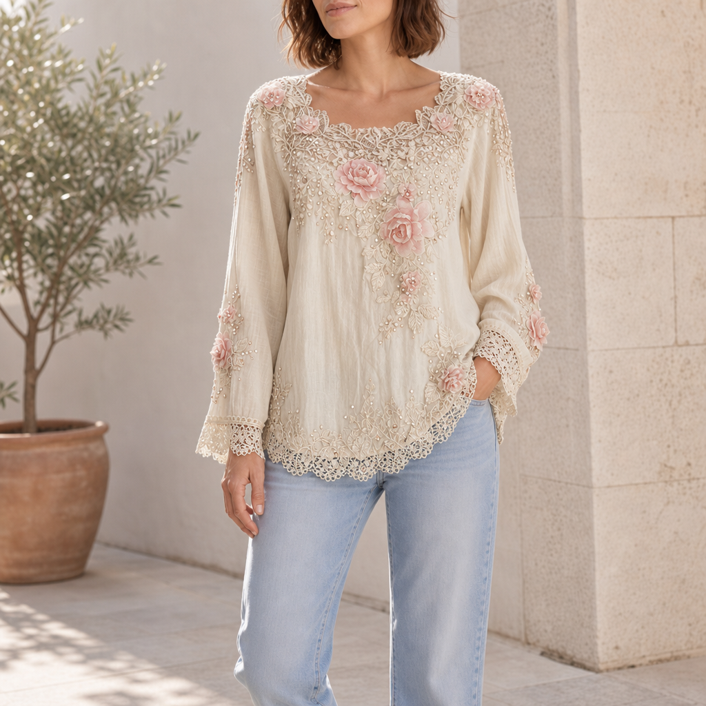 Cordoba Floral Embroidered Lace Blouse in Beige