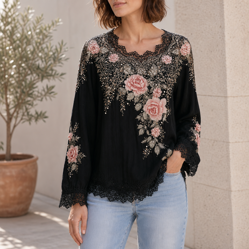 Cordoba Floral Embroidered Lace Blouse in Black