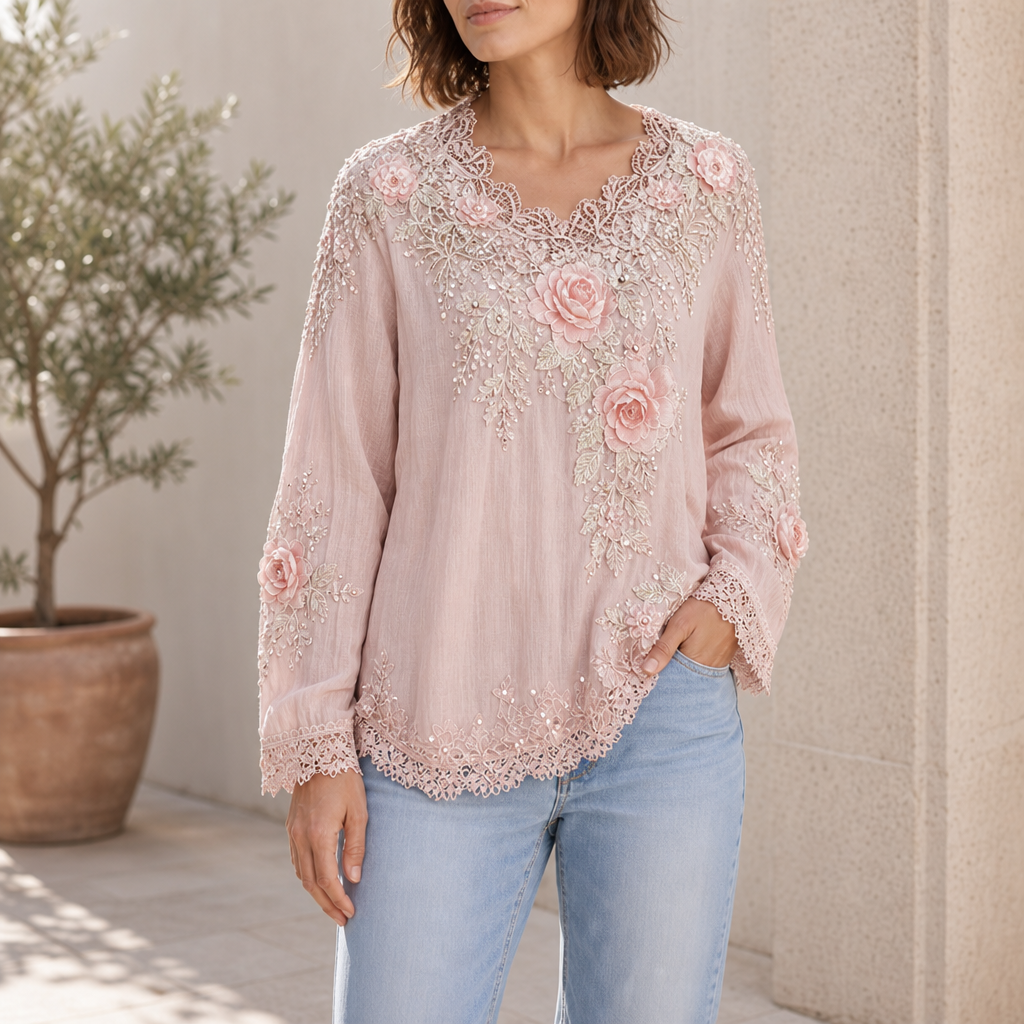 Cordoba Floral Embroidered Lace Blouse in Pink