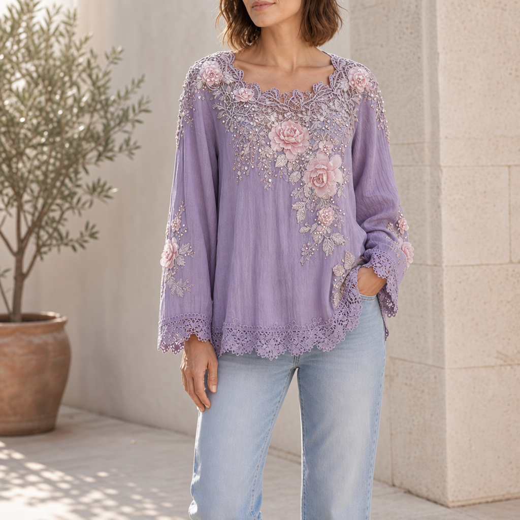 Cordoba Floral Embroidered Lace Blouse in Purple