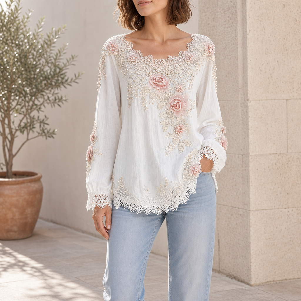 Cordoba Floral Embroidered Lace Blouse in White