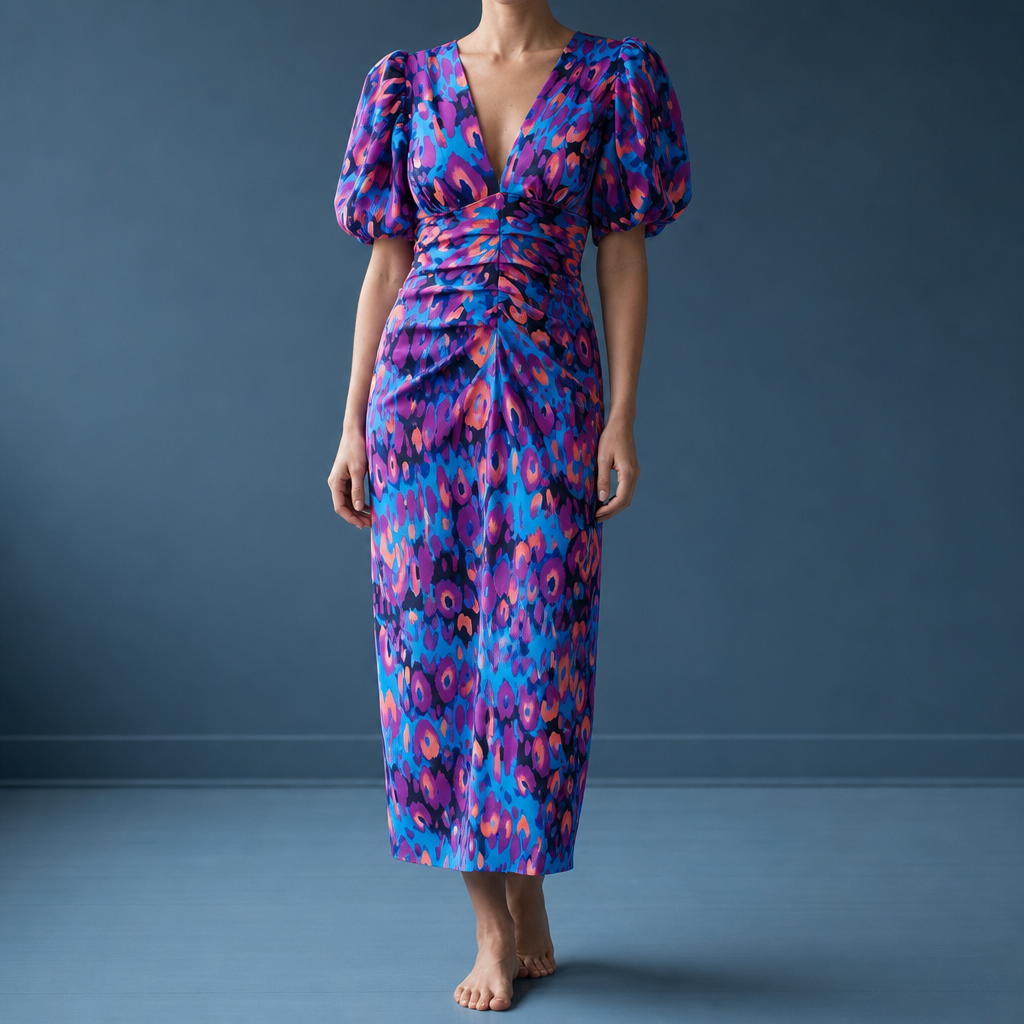 Deia Puff Sleeve Midi Dress in Purple