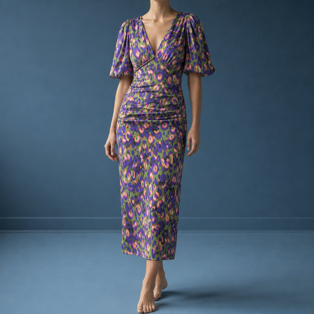 Deia Puff Sleeve Midi Dress in Multicolor