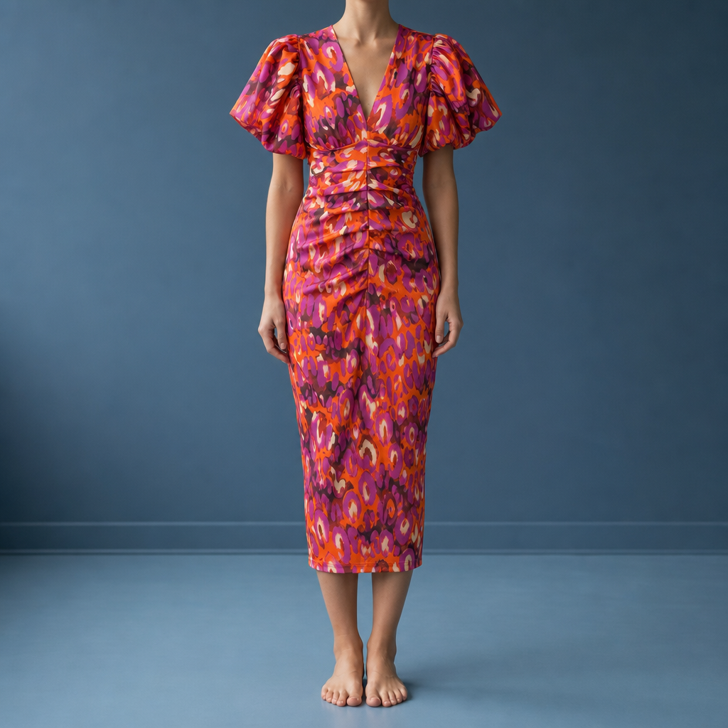 Deia Puff Sleeve Midi Dress in Orange/ Purple
