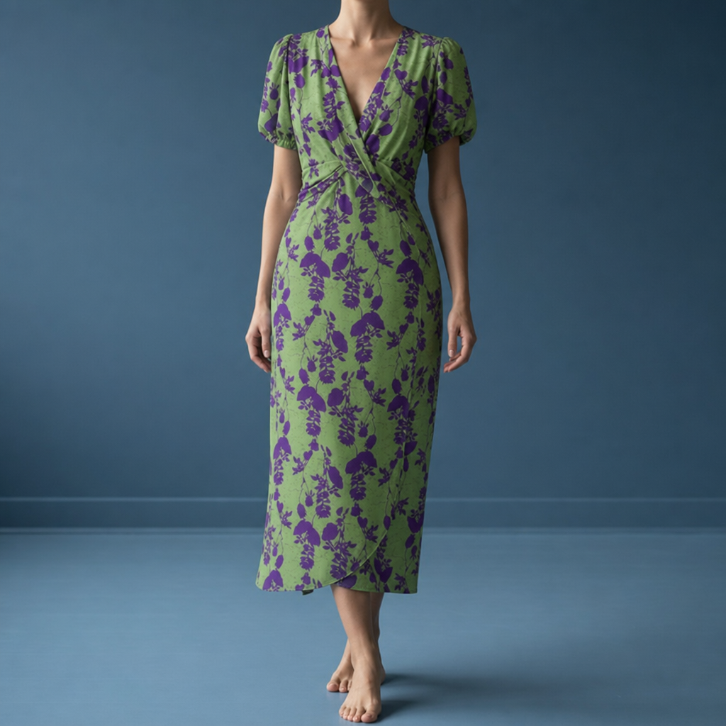 Deia Puff Sleeve Midi Dress in Green/Purple