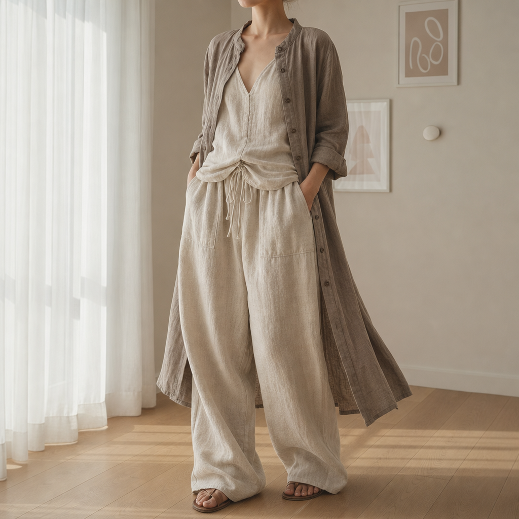 Delphi Linen Bohemian 3-Piece Set in Beige