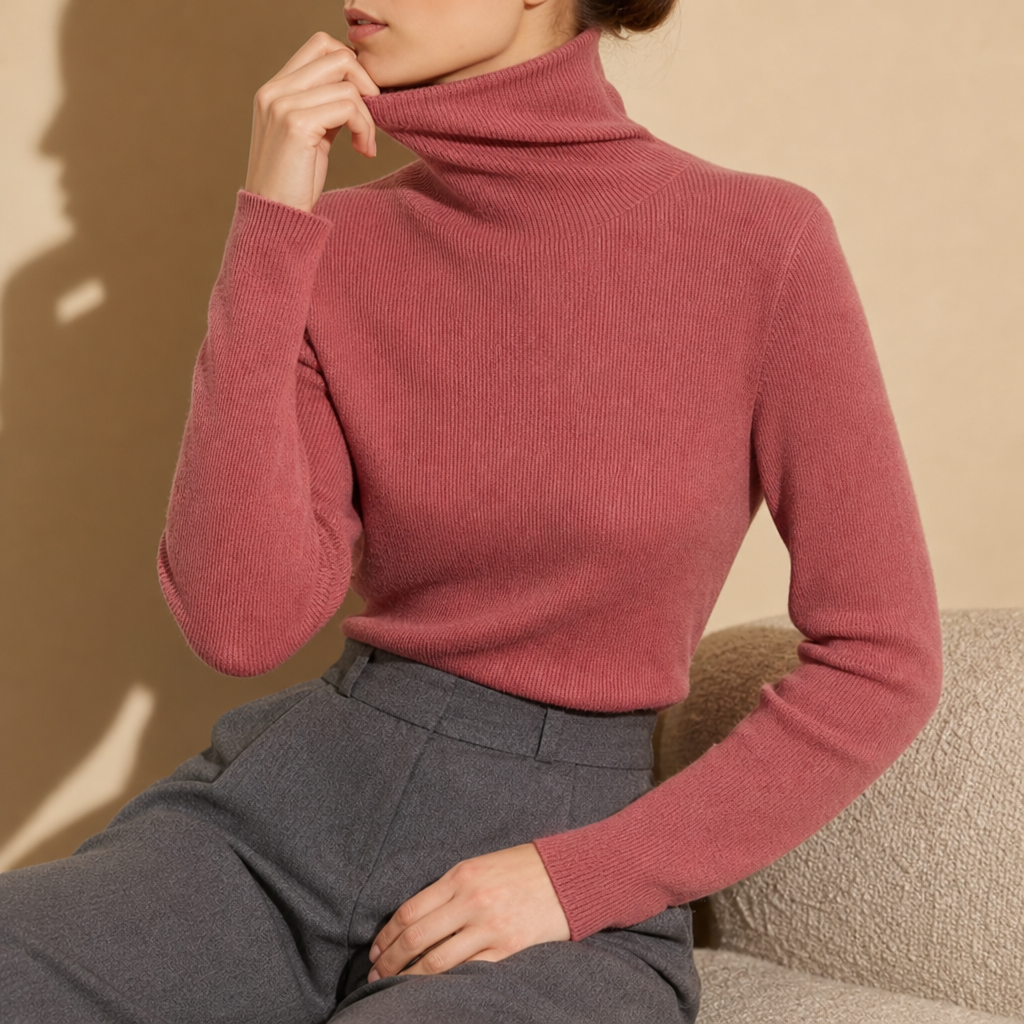 Denia Ribbed Cashmere Turtleneck in Rosewood Blush