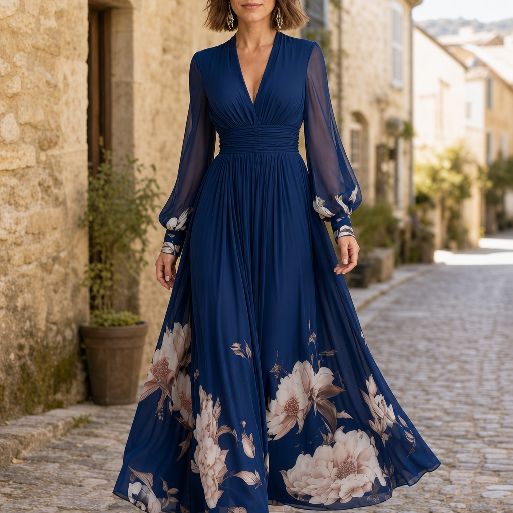 Estepona Floral Pleated Maxi Dress in Navy