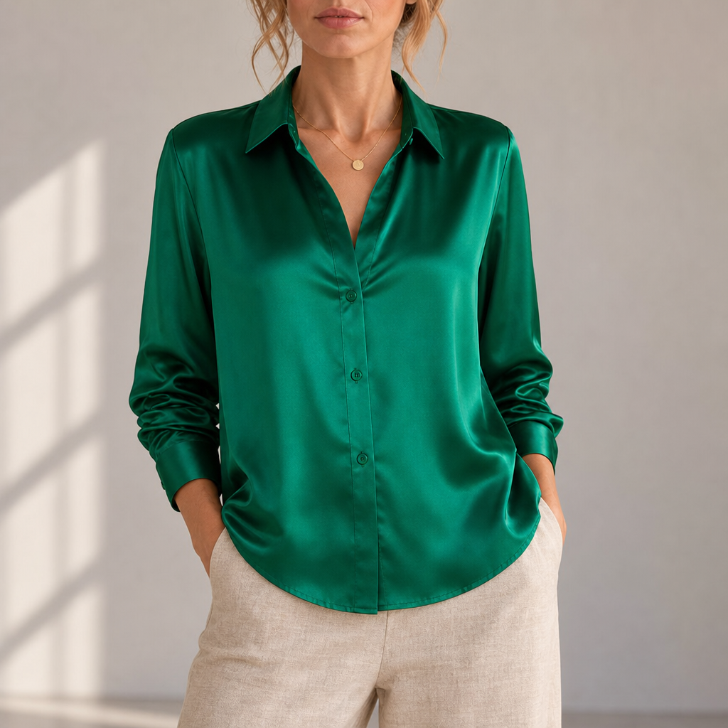 Formentera Satin Button-Up Blouse in Emerald Green