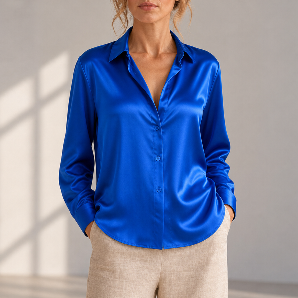 Formentera Satin Button-Up Blouse in Royal Blue