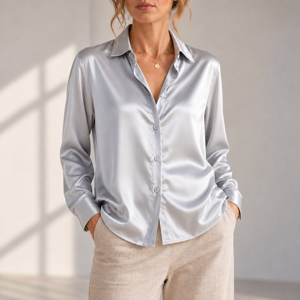 Formentera Satin Button-Up Blouse in Silver