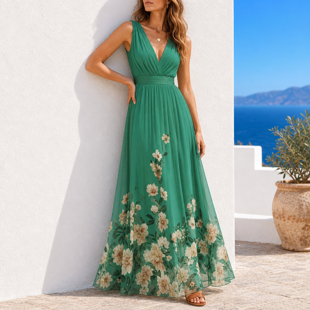 Formentor Floral Chiffon Maxi Dress in Green
