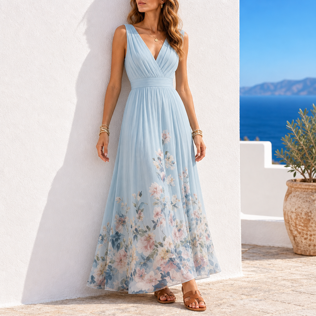 Formentor Floral Chiffon Maxi Dress in Light Blue