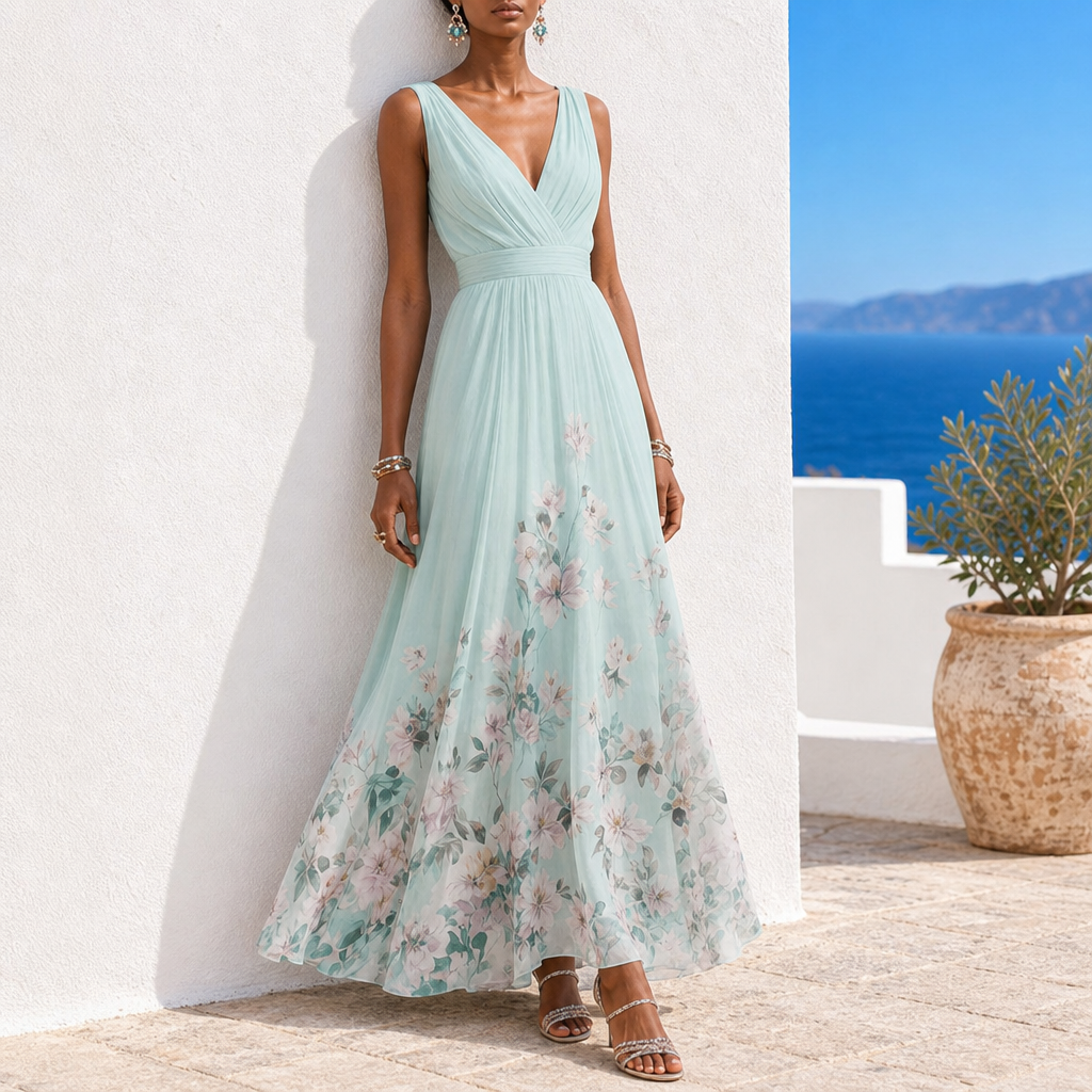 Formentor Floral Chiffon Maxi Dress in Light Green