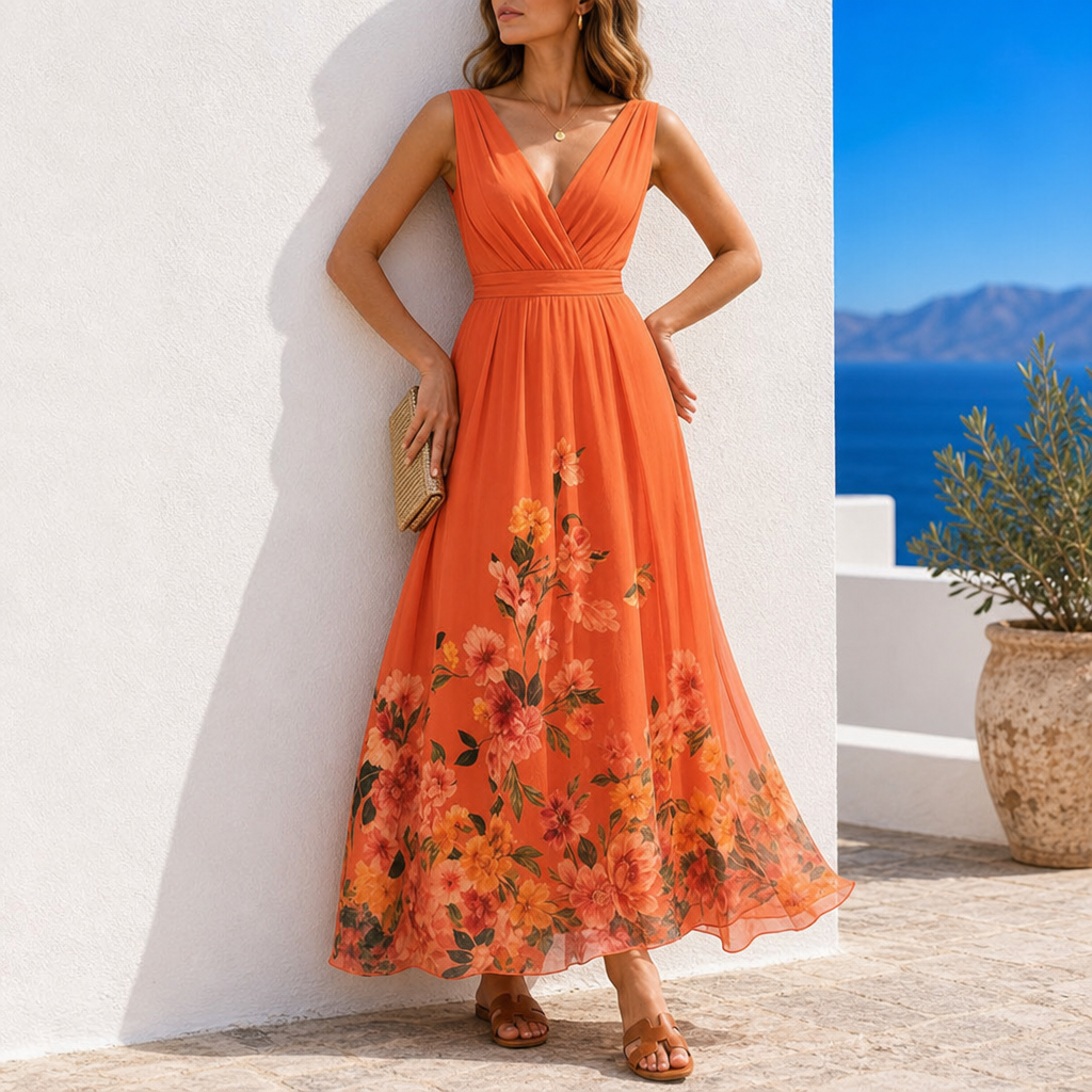 Formentor Floral Chiffon Maxi Dress in Orange