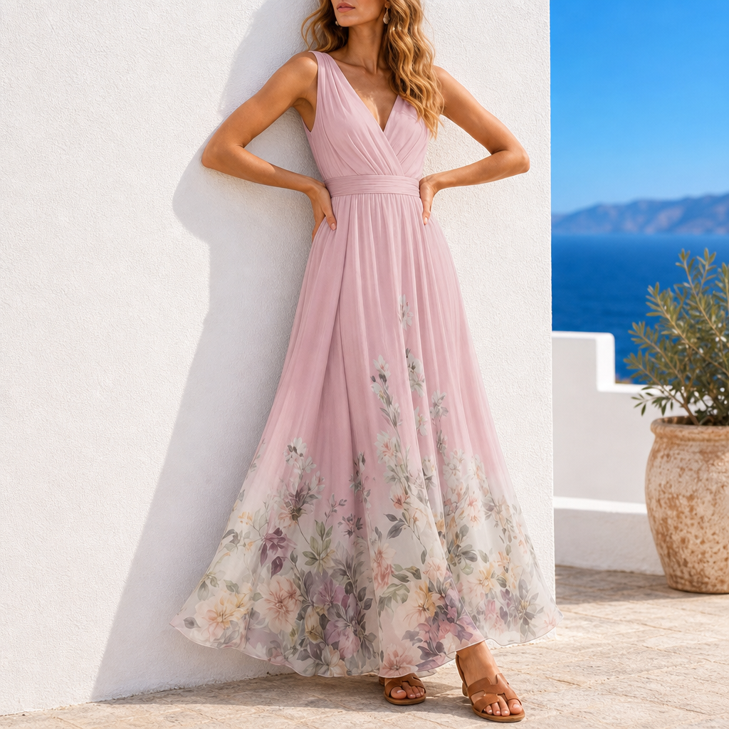 Formentor Floral Chiffon Maxi Dress in Pink