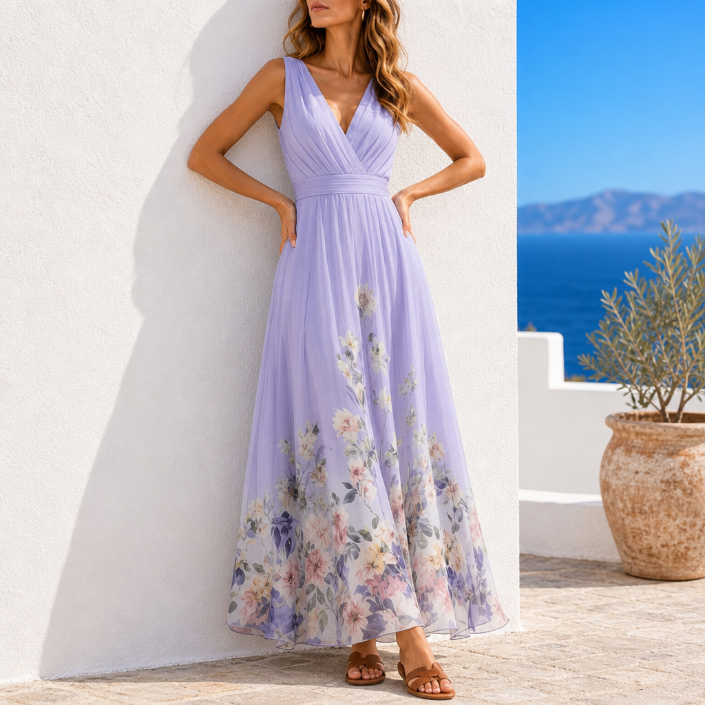 Formentor Floral Chiffon Maxi Dress in Purple