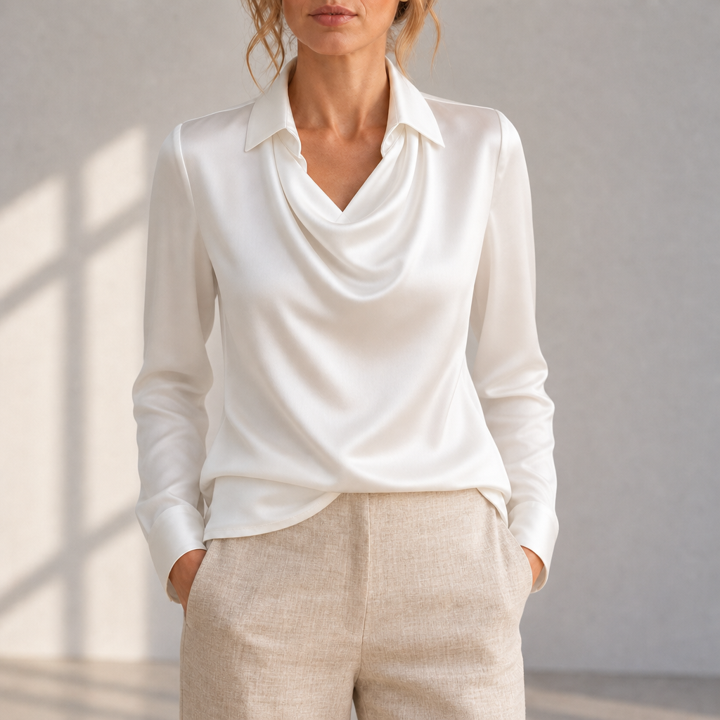 Frigiliana Draped Neck Satin Blouse in White