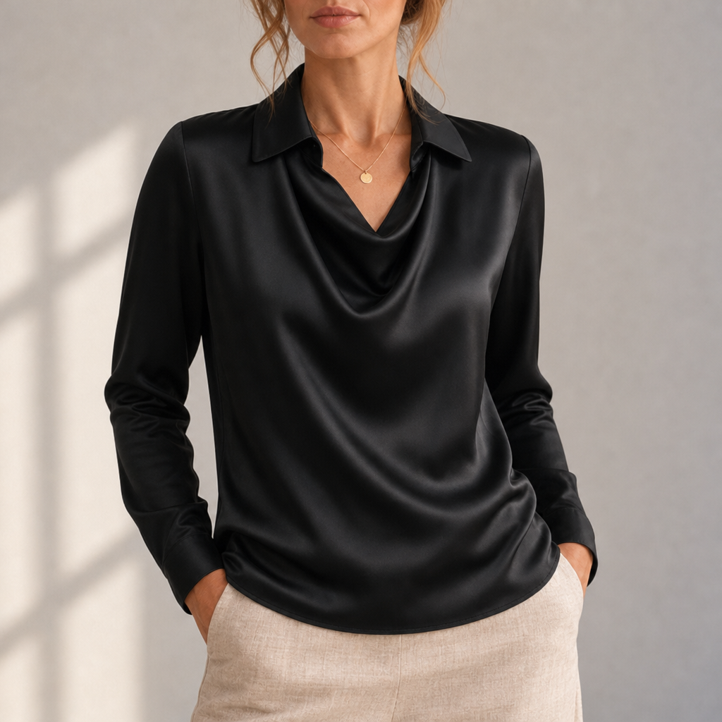 Frigiliana Draped Neck Satin Blouse in Black