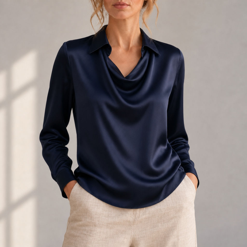 Frigiliana Draped Neck Satin Blouse in Navy Blue